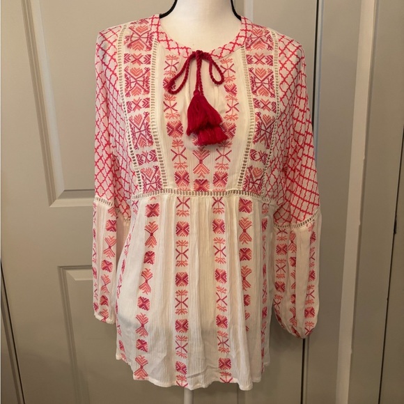 Sundance pink and white patterned flowy long sleeve boho blouse size M - Picture 1 of 16